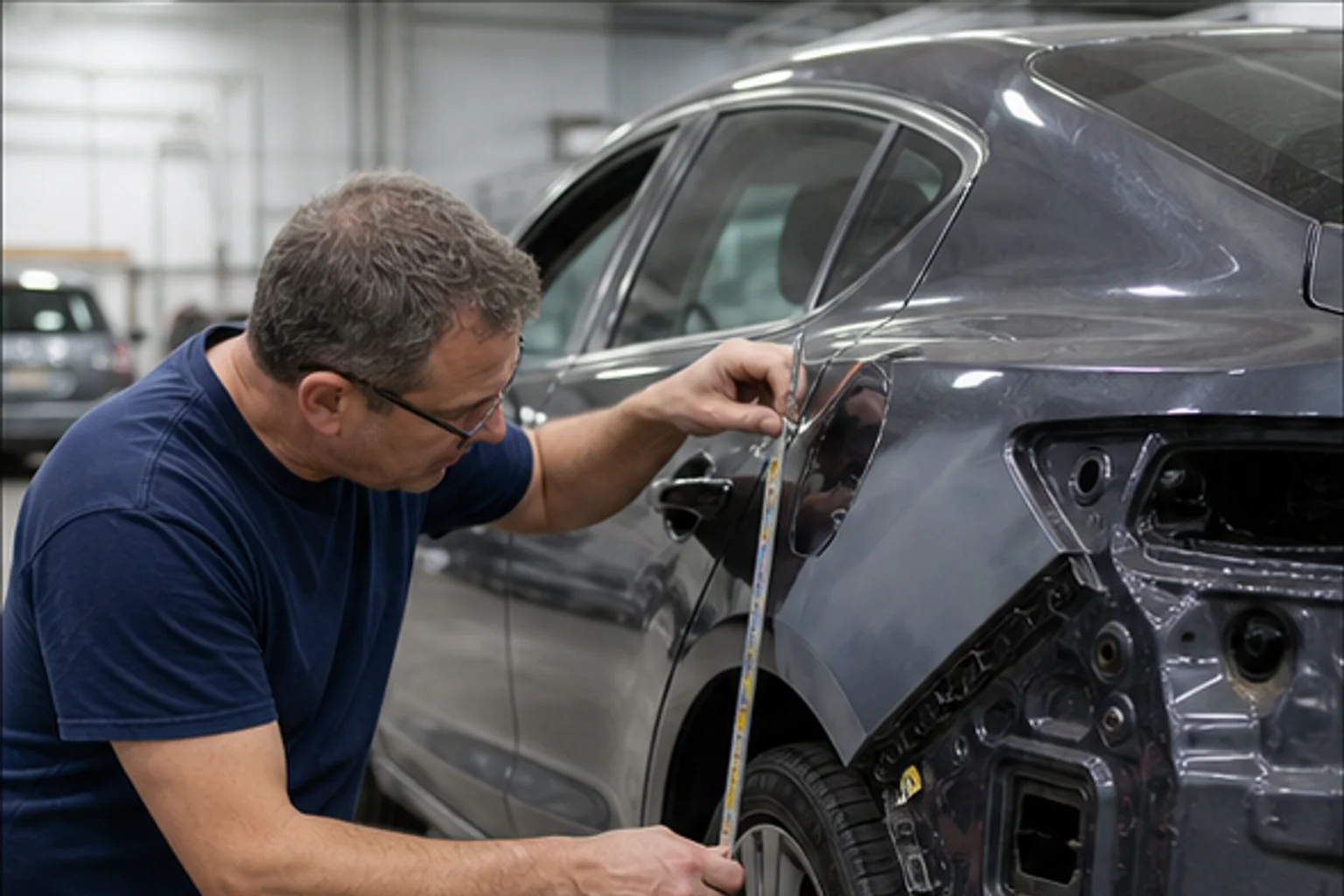 Collision technician measuring a repaired body panel