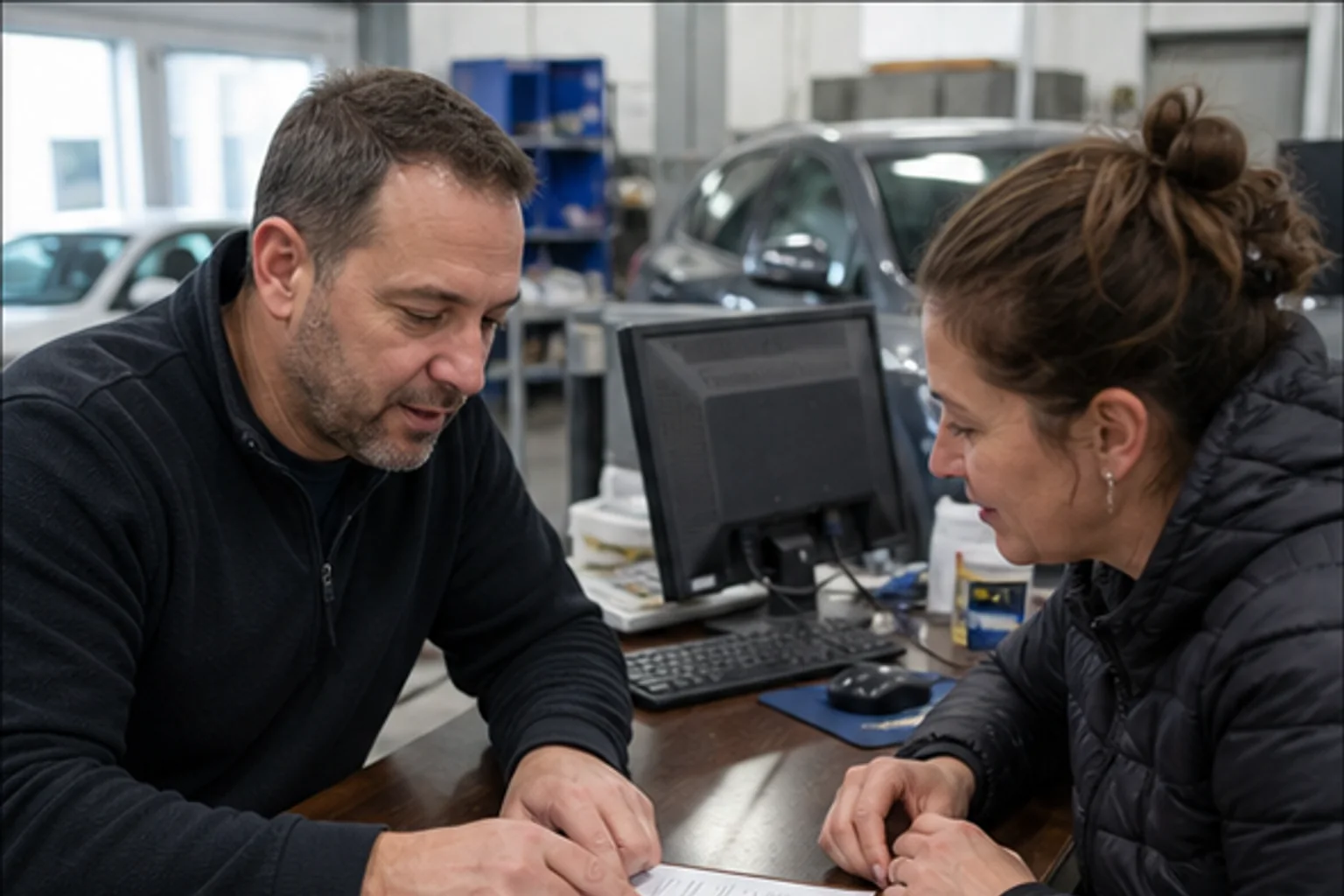 Service advisor reviewing a written estimate with a vehicle owner