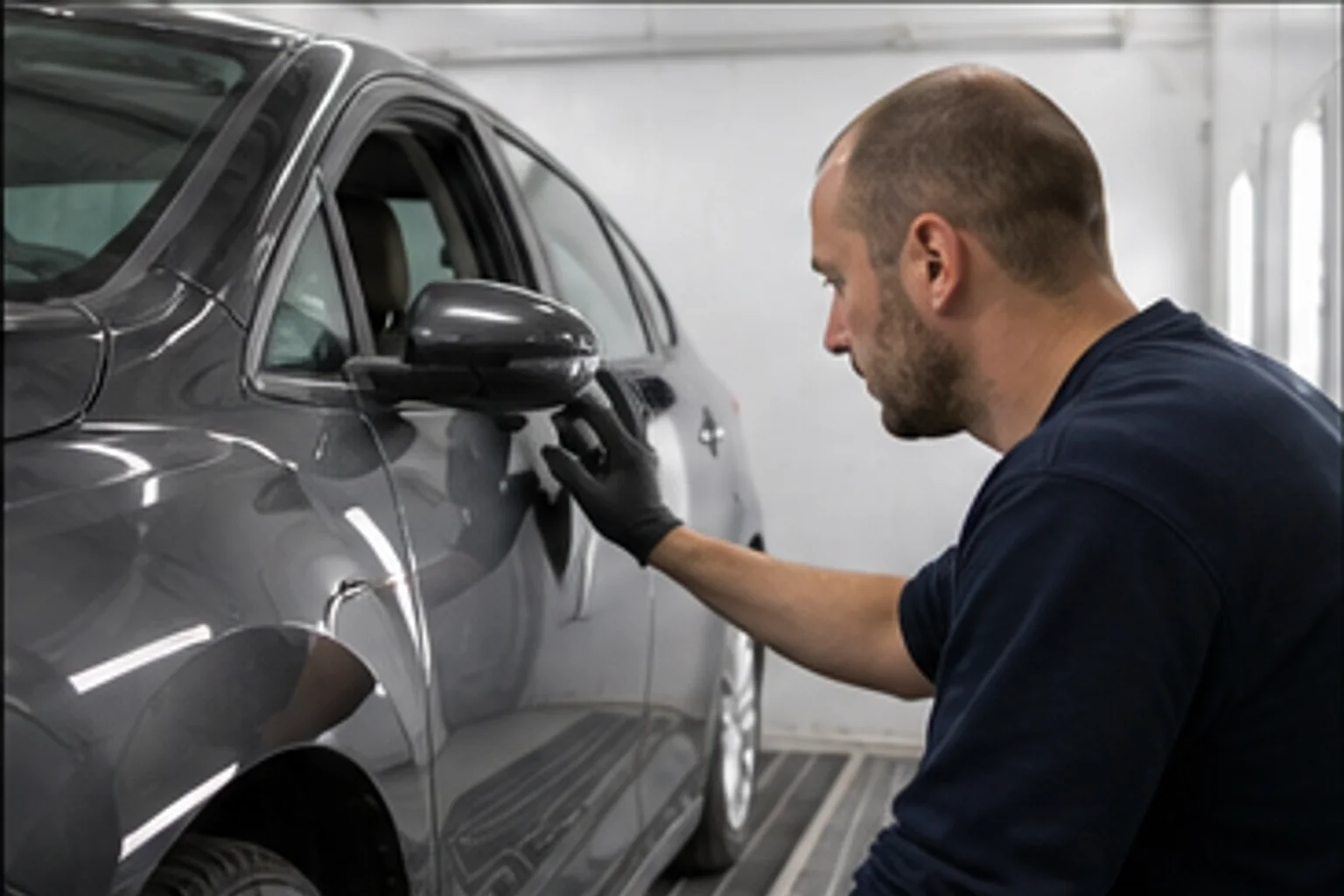 Technician inspecting repair work inside the Invisible Touch collision bay