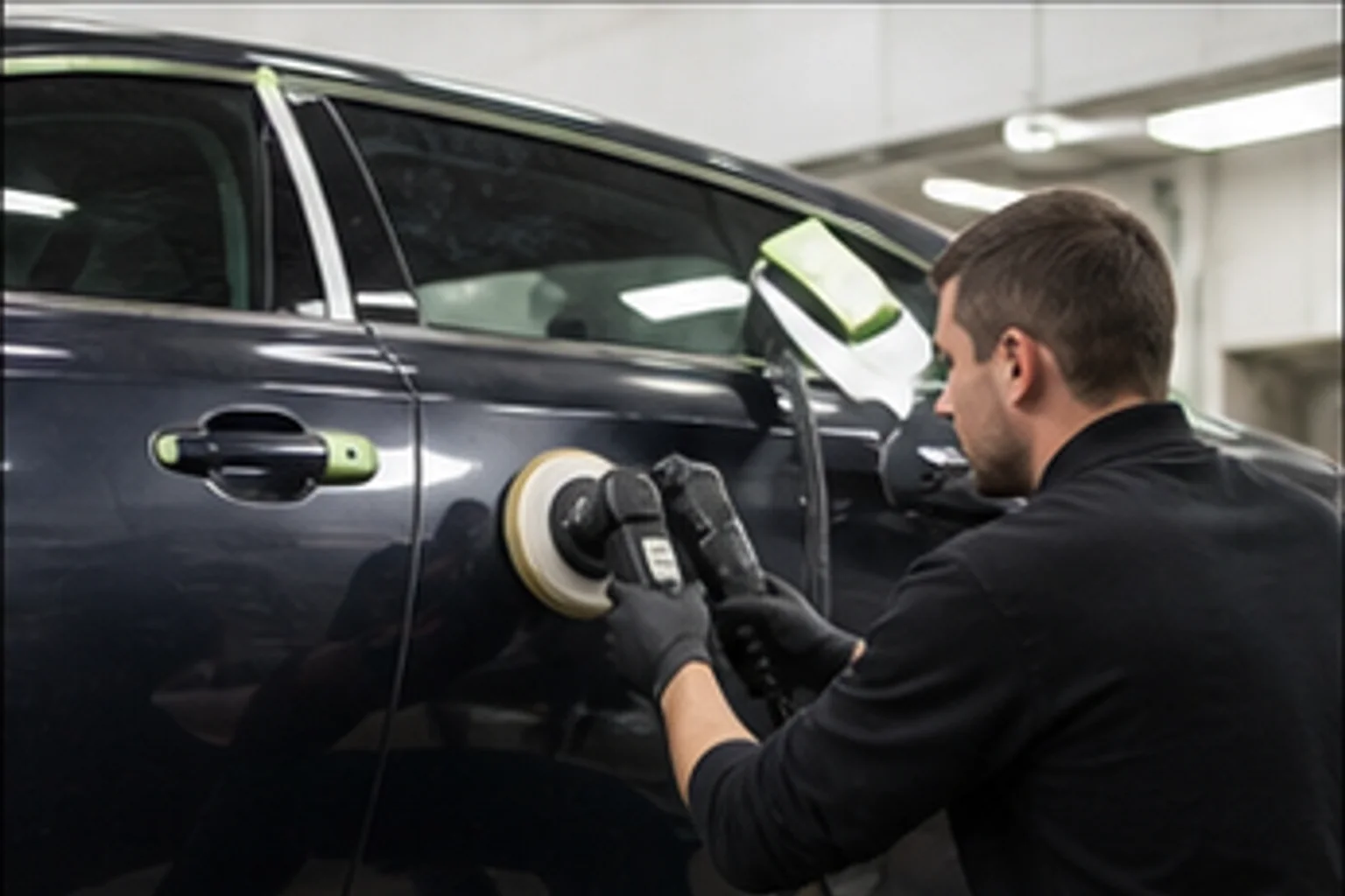 Technician inspecting repair work inside the Invisible Touch collision bay