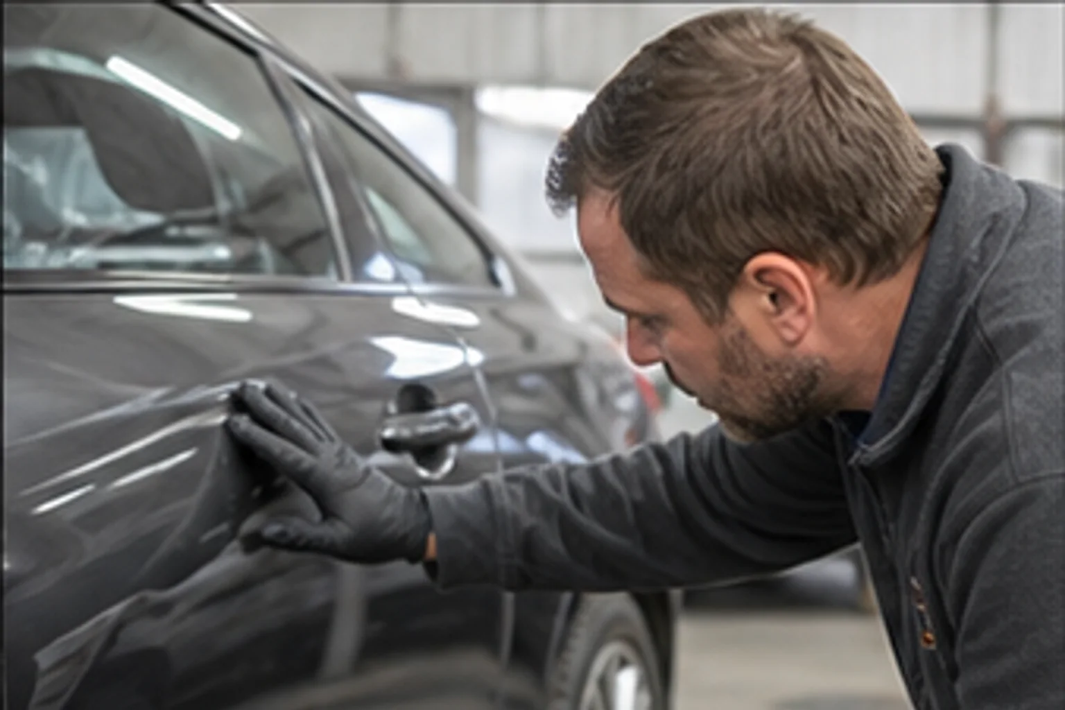 Technician inspecting repair work inside the Invisible Touch collision bay