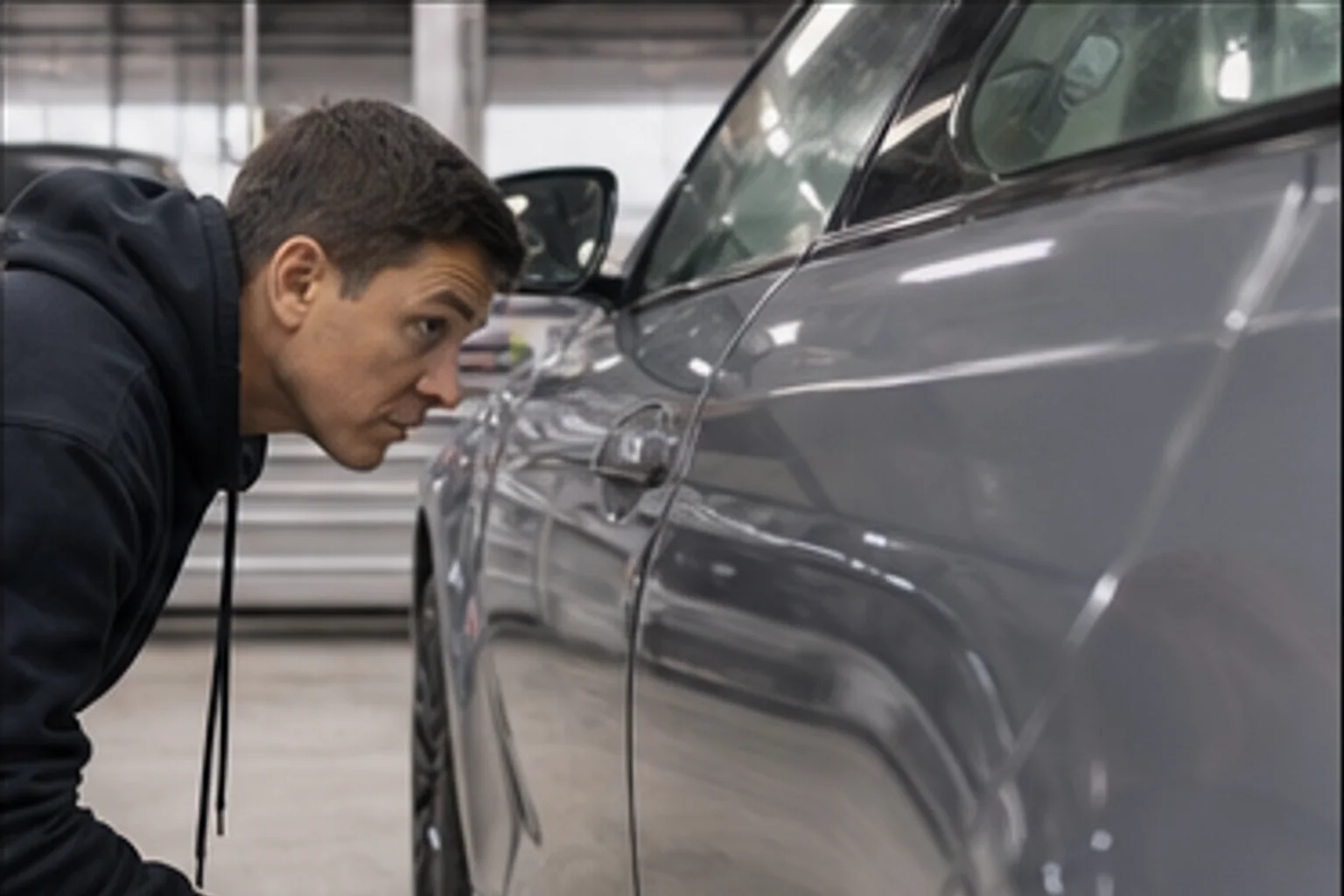 Technician inspecting repair work inside the Invisible Touch collision bay