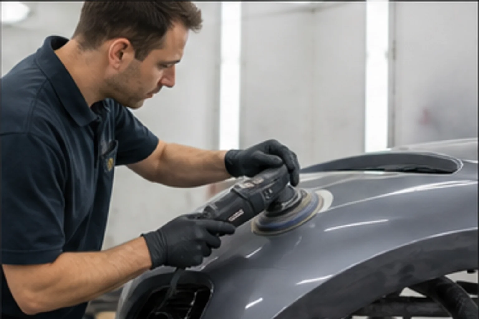 Technician inspecting repair work inside the Invisible Touch collision bay