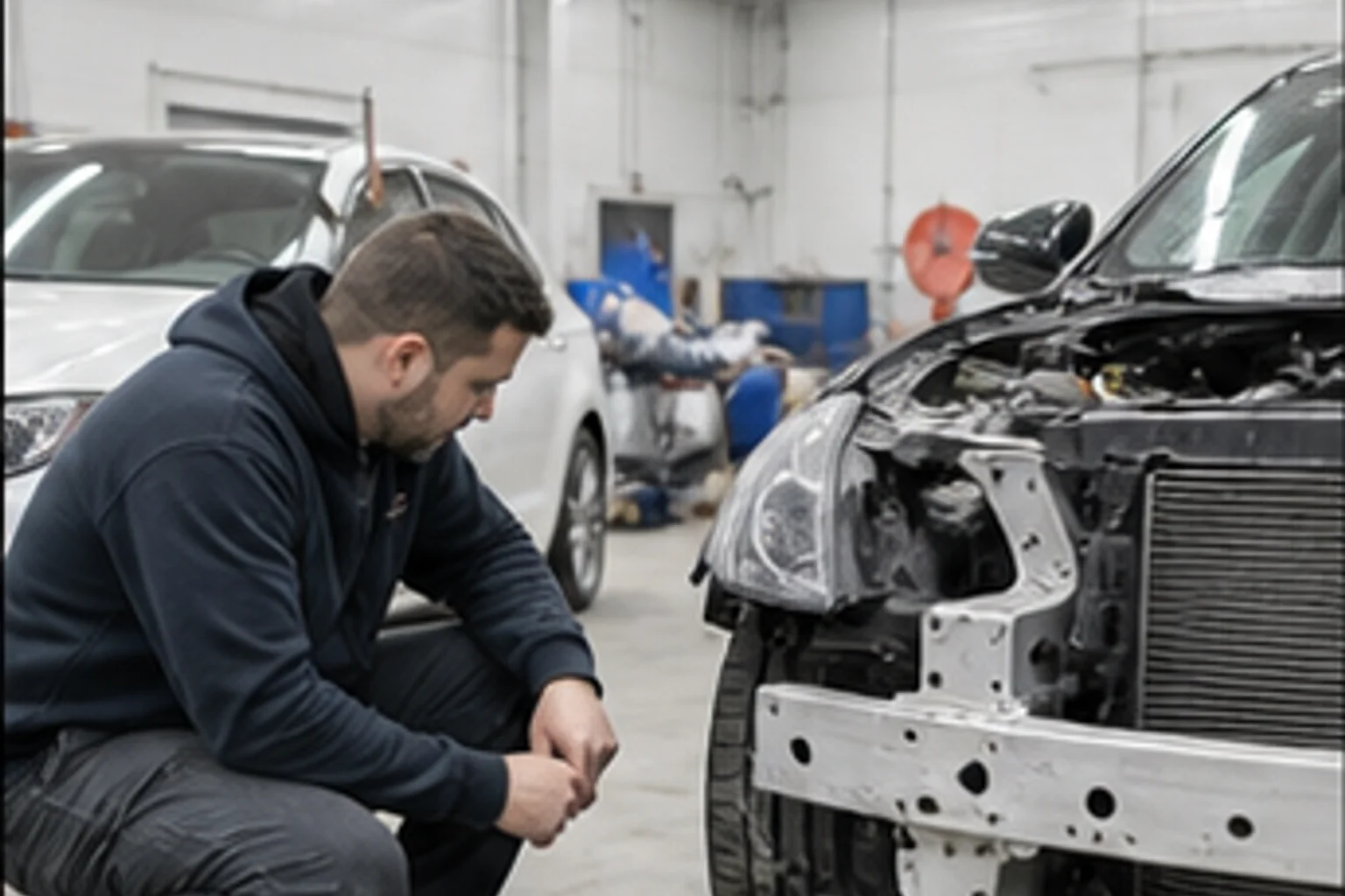 Technician inspecting repair work inside the Invisible Touch collision bay