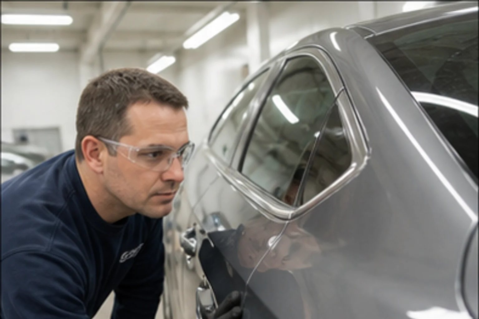 Technician inspecting repair work inside the Invisible Touch collision bay