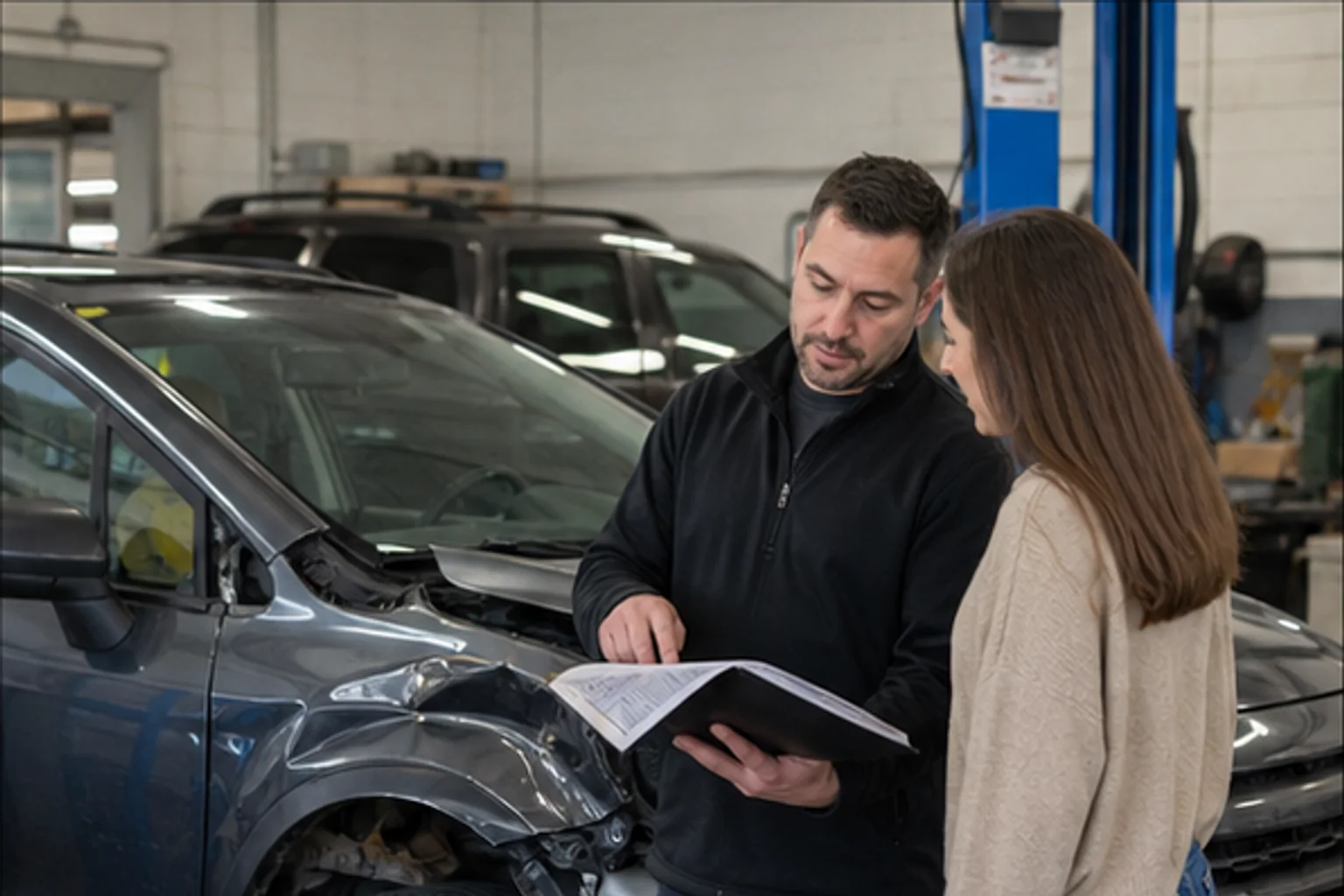 Repair coordinator explaining an auto body estimate beside a collision-damaged vehicle