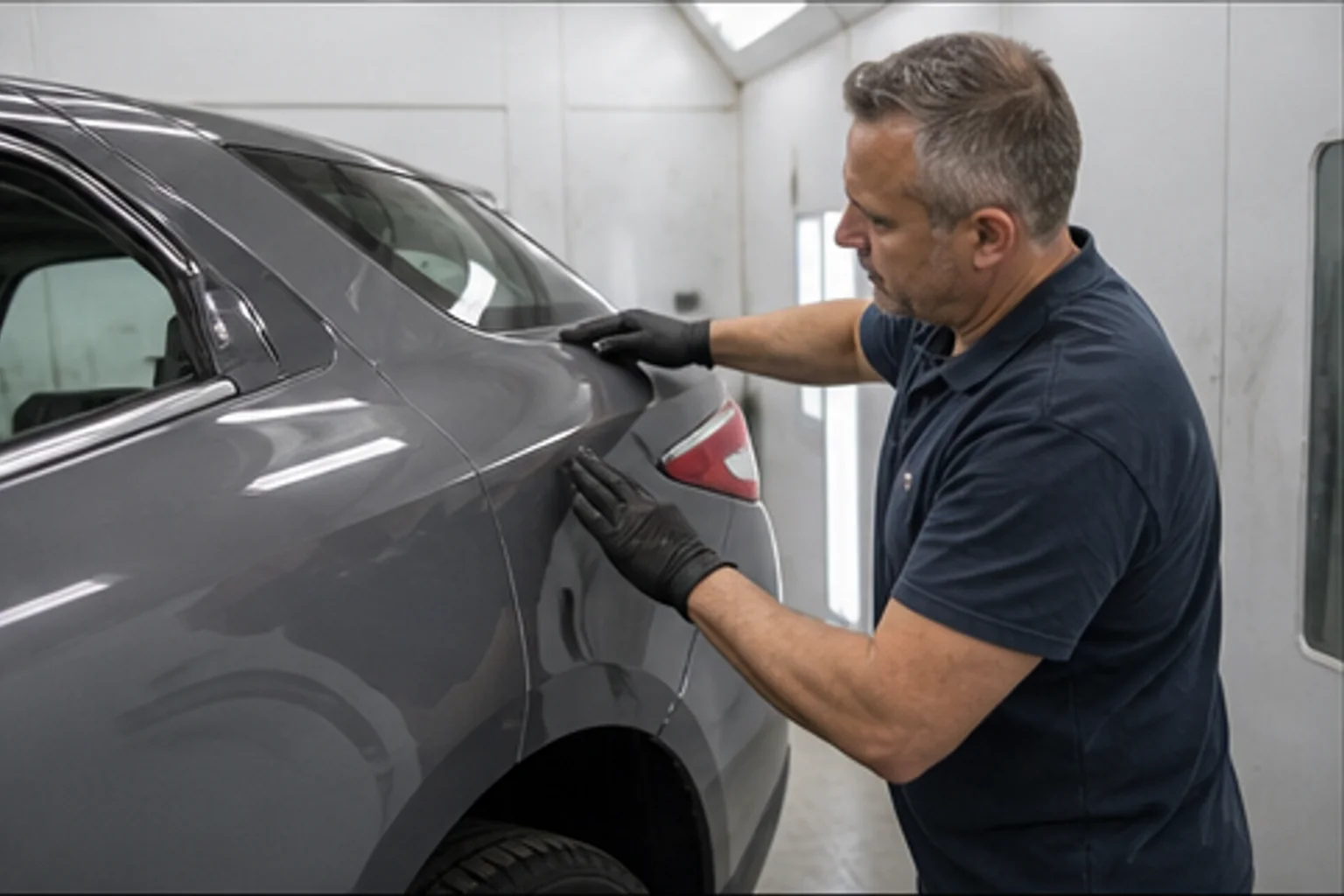 Technician inspecting repair work inside the Invisible Touch collision bay