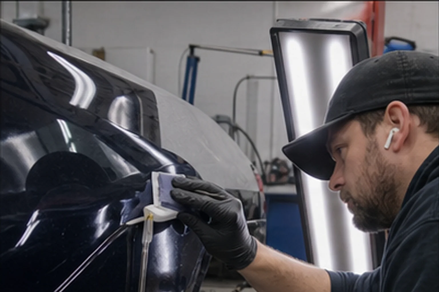 Technician applying ceramic coating to a dark vehicle panel under inspection lights