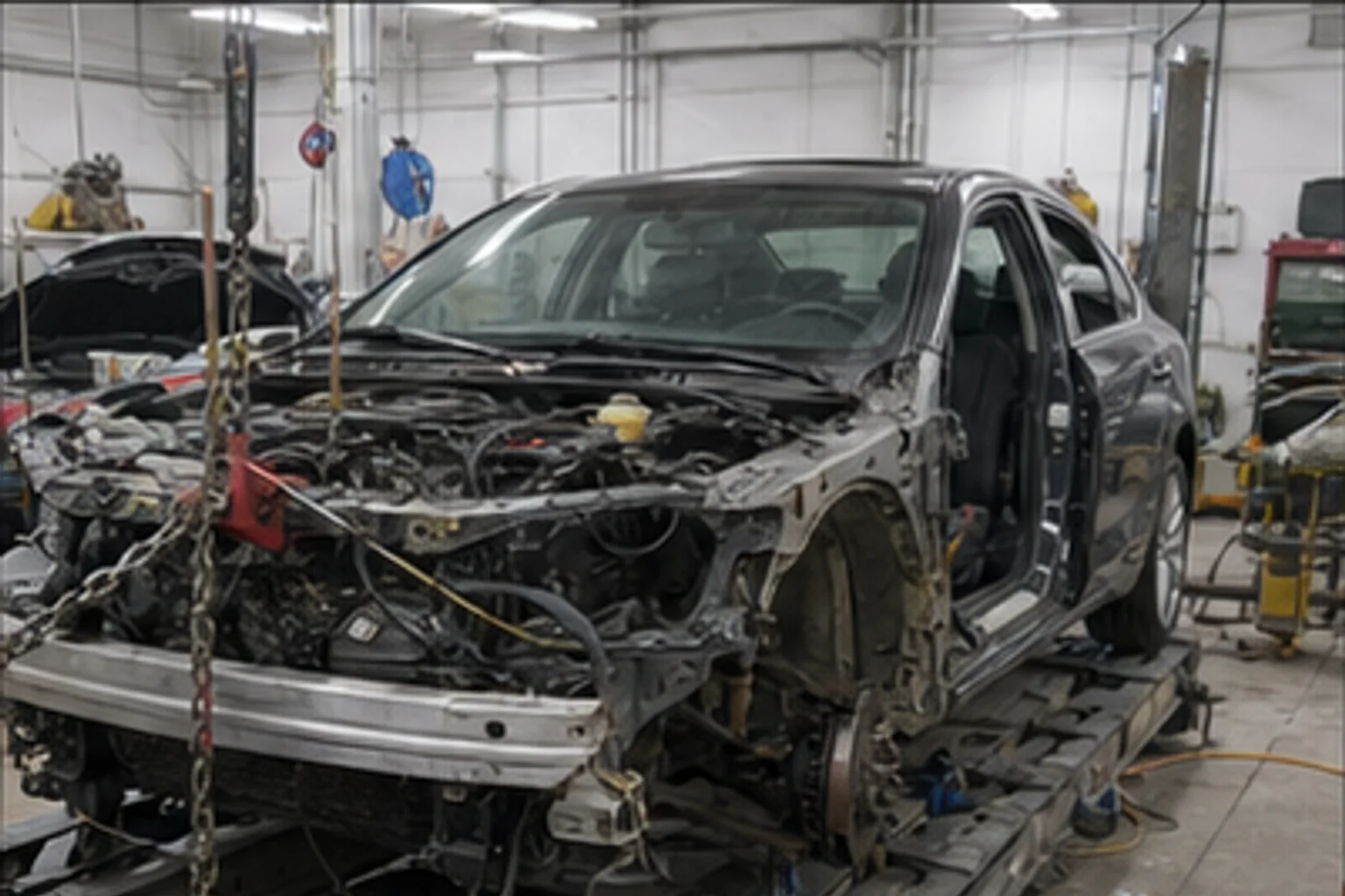 Technician measuring vehicle frame geometry on a collision repair rack