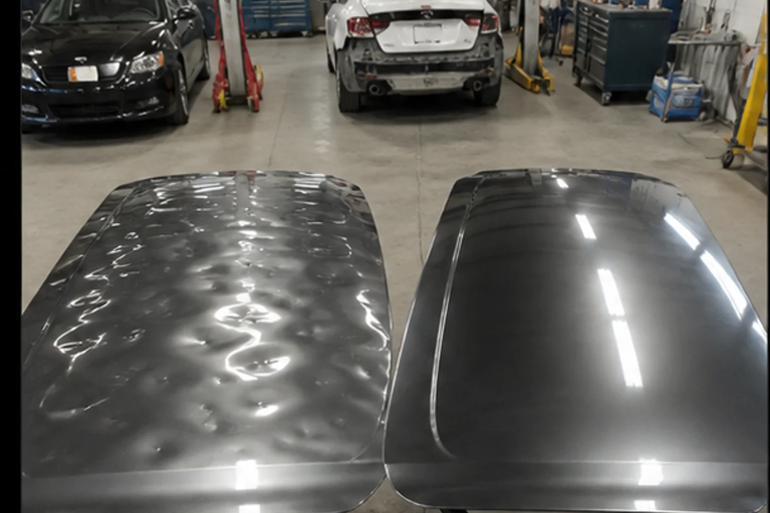 Hail-dented hood before paintless dent repair beside the smooth repaired hood