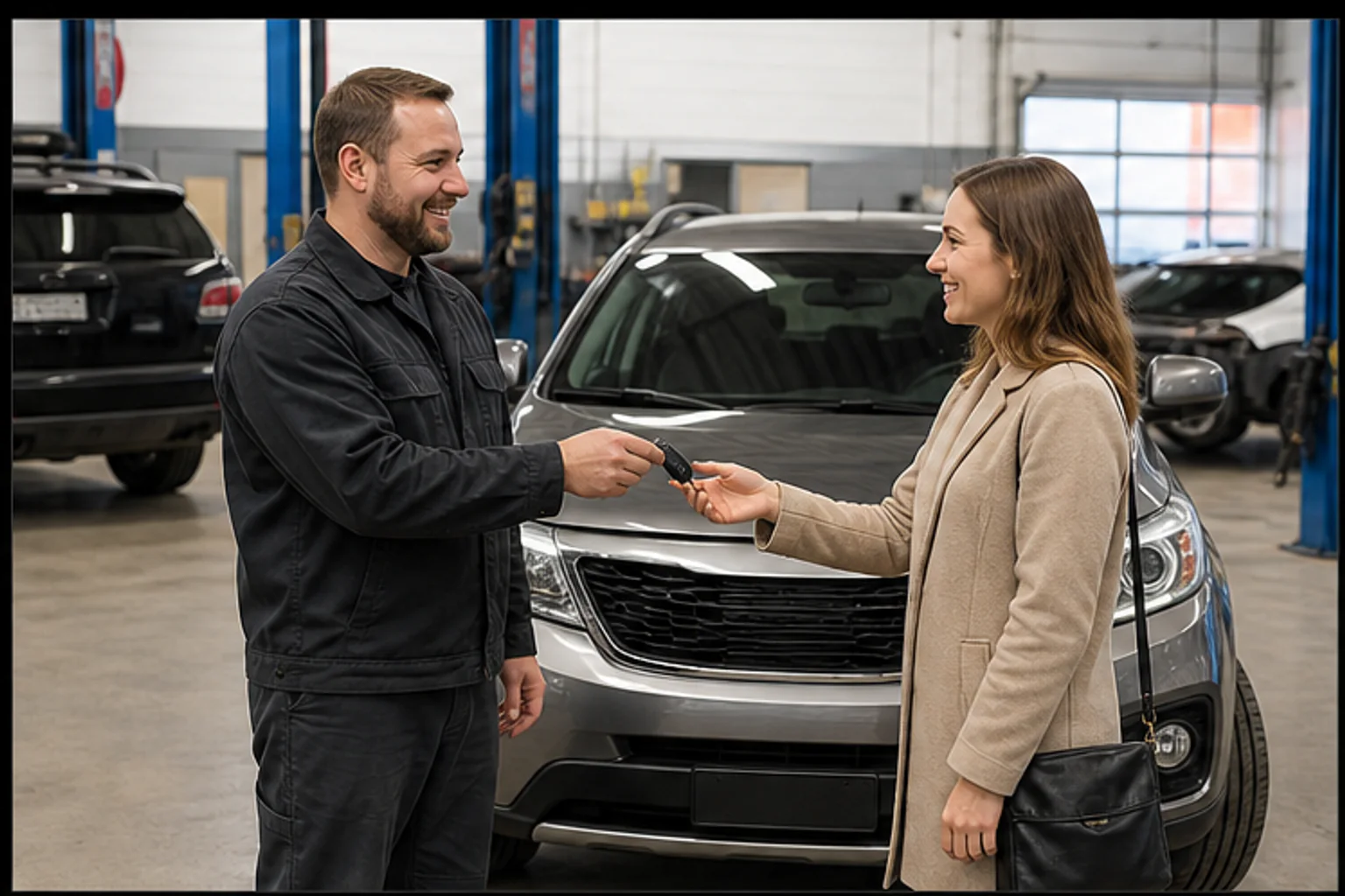 Invisible Touch team member handing a repaired vehicle back to its owner