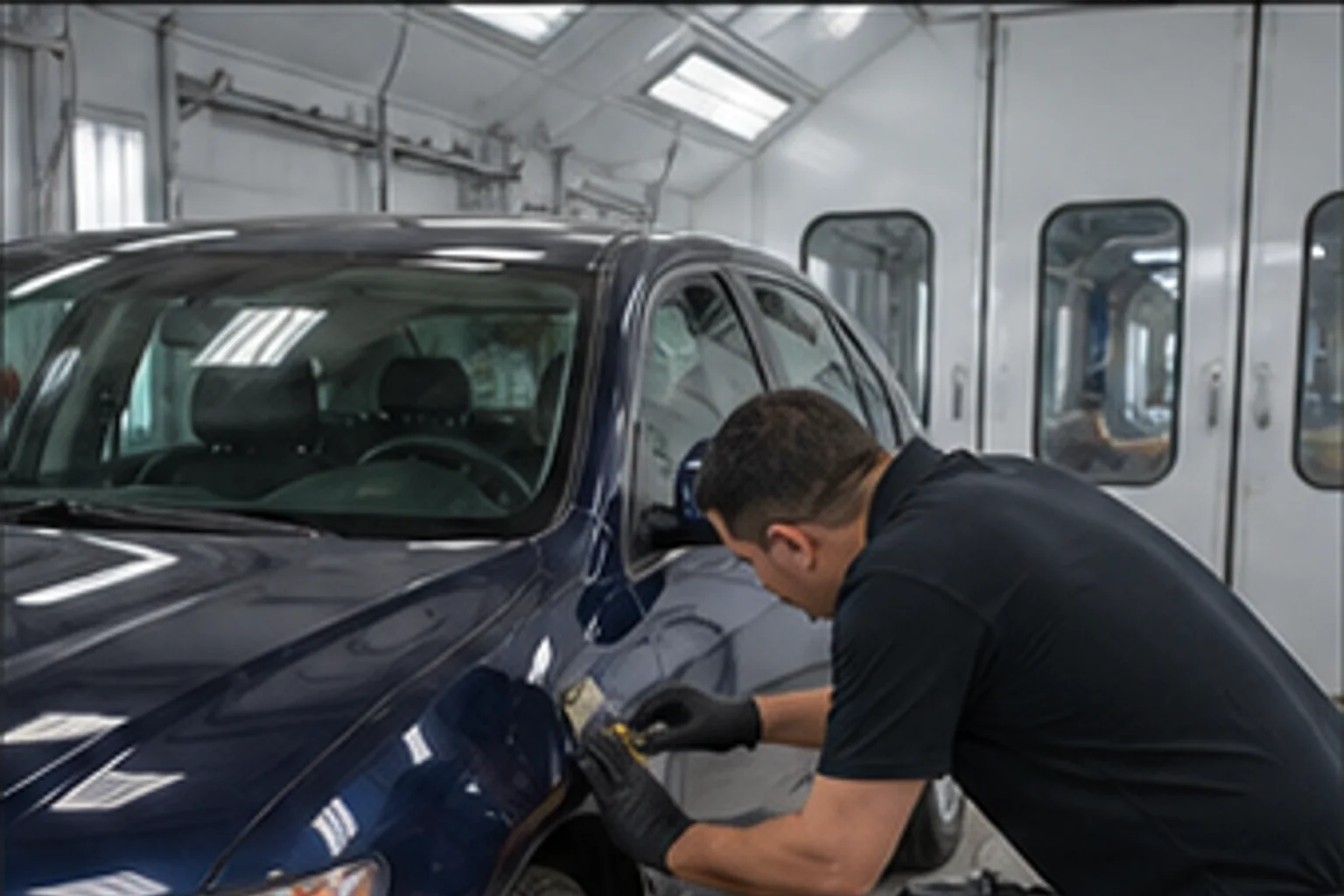 Technician inspecting repair work inside the Invisible Touch collision bay