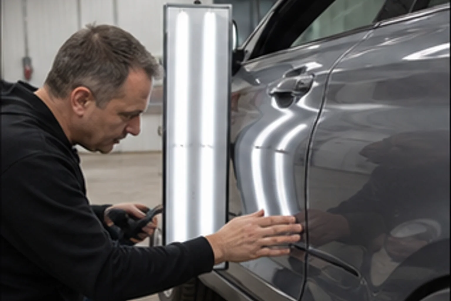 Technician inspecting repair work inside the Invisible Touch collision bay