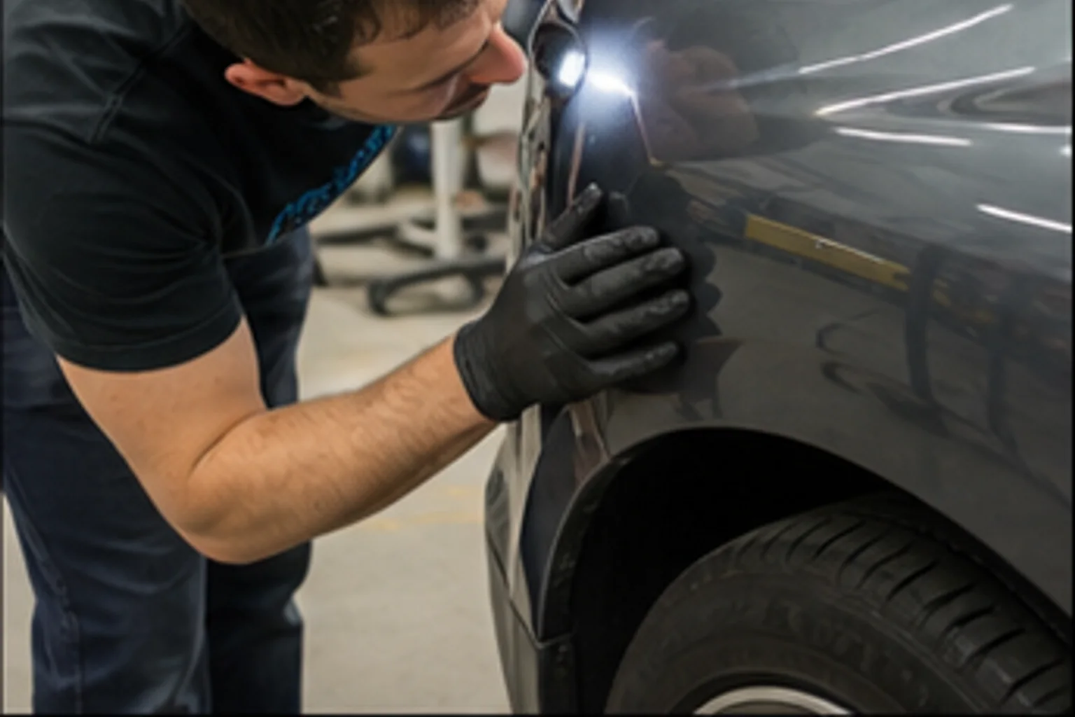 Technician inspecting repair work inside the Invisible Touch collision bay