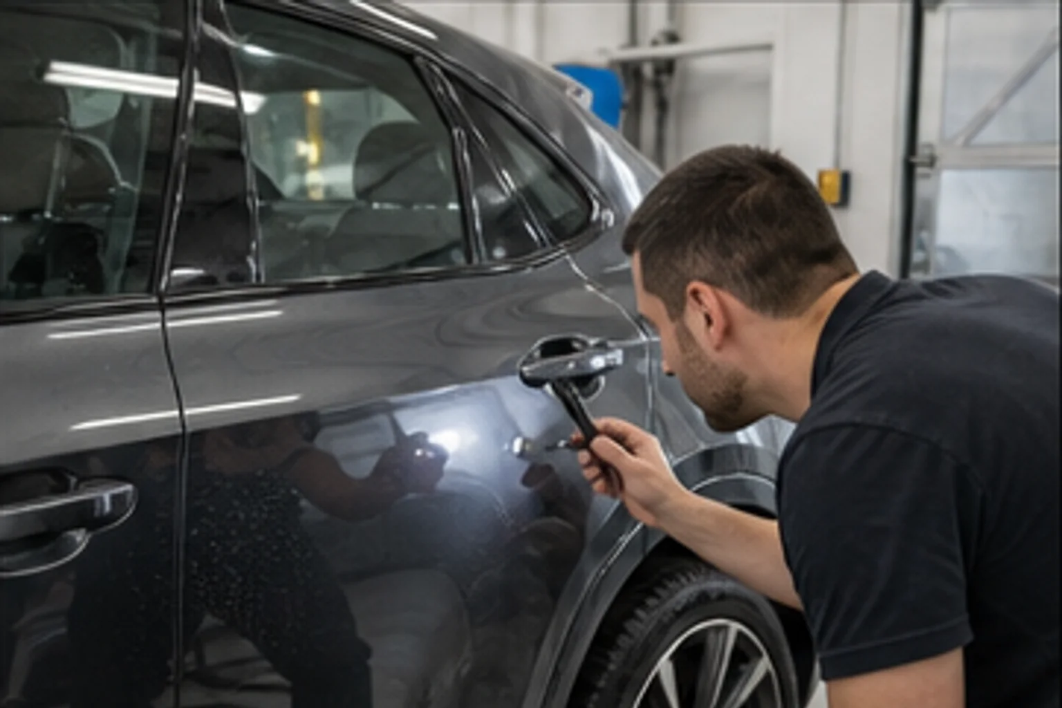 Technician inspecting repair work inside the Invisible Touch collision bay