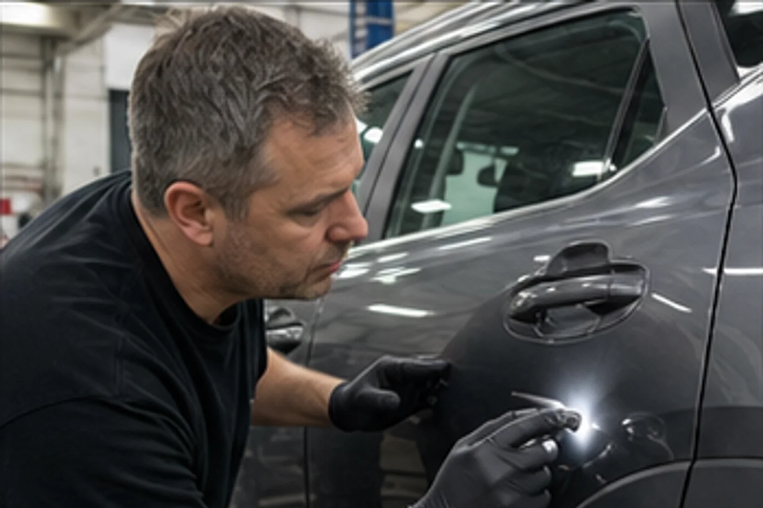 Technician inspecting repair work inside the Invisible Touch collision bay