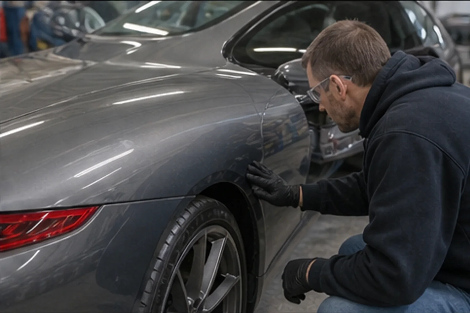 Technician inspecting repair work inside the Invisible Touch collision bay