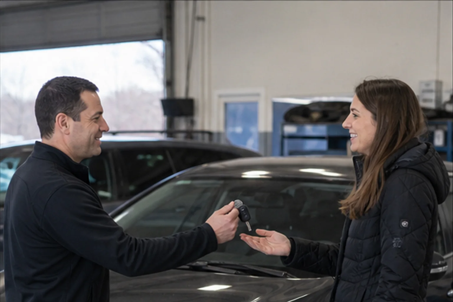 Customer receiving a completed auto body repair at the Invisible Touch Bedford shop