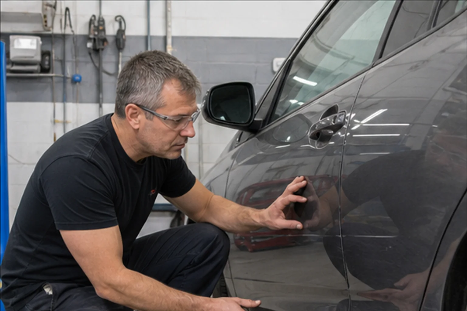 Technician inspecting a repaired vehicle inside the Invisible Touch Bedford body shop