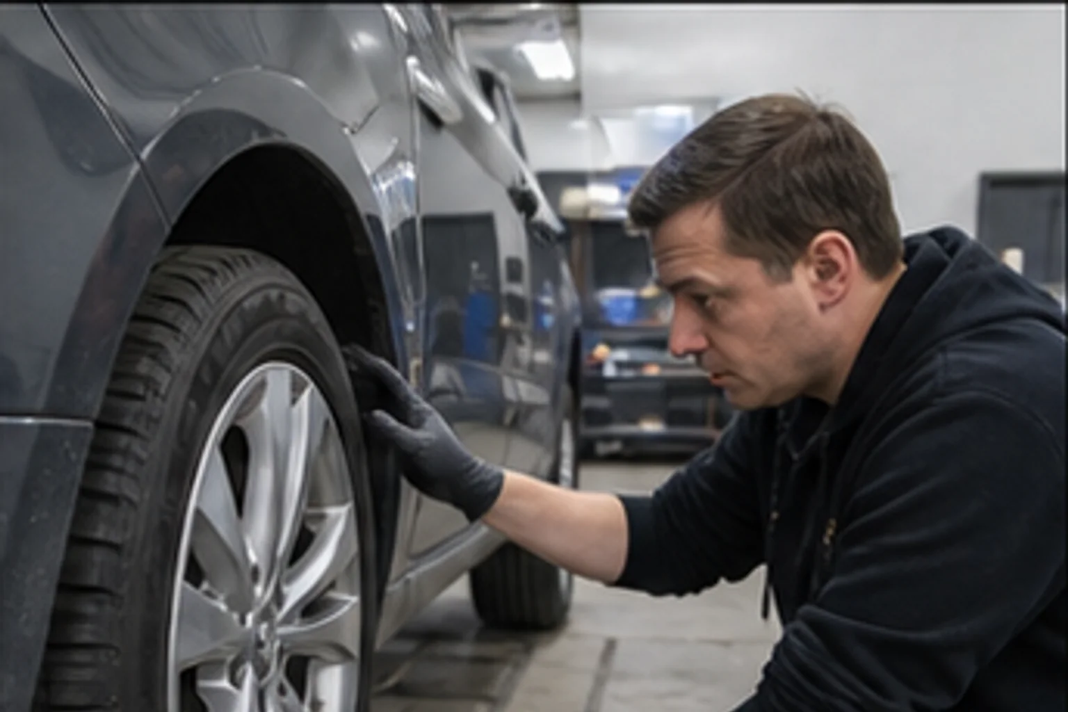 Technician inspecting repair work inside the Invisible Touch collision bay